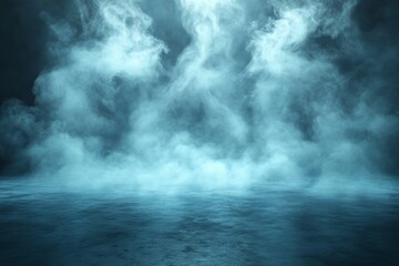 Misty atmosphere with swirling fog over a reflective surface at twilight creating an ethereal ambiance