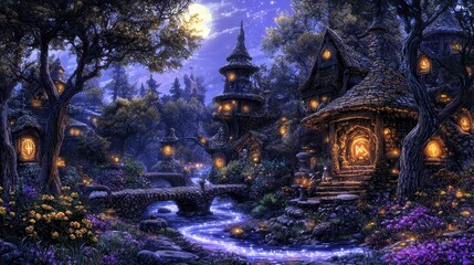 A sprawling enchanted canyon where rivers of glowing liquid silver cut through bioluminescent rock. Floating bridges of light connect cliffside caves, and glowing glyphs pulse softly along the 