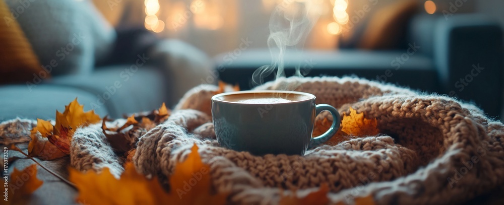 Poster cozy autumn scene steaming coffee in a mug nestled in a knit blanket with fall leaves.
