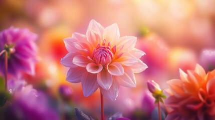 Colorful Dahlia blooms with rain drops