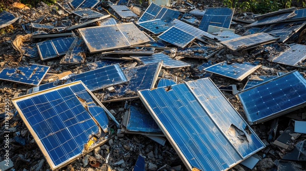Poster broken solar panels arranged for recycling and inspection, emphasizing the importance of sustainable
