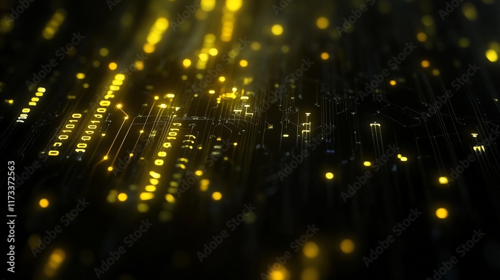 Poster Abstract digital circuit board with glowing lines and binary code.