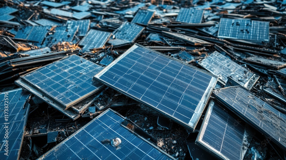 Poster broken solar panels arranged for recycling and inspection, emphasizing the importance of sustainable