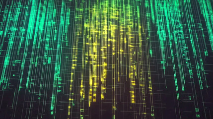 Dark background, vertical lines of green and yellow light with digital glitch effects