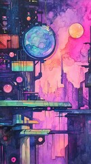 Obraz premium A vibrant, futuristic cityscape with neon colors and sci-fi elements, showcasing a surreal urban environment.