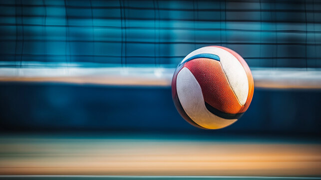 Volleyball hovering near the net during a competitive match in a gymnasium
