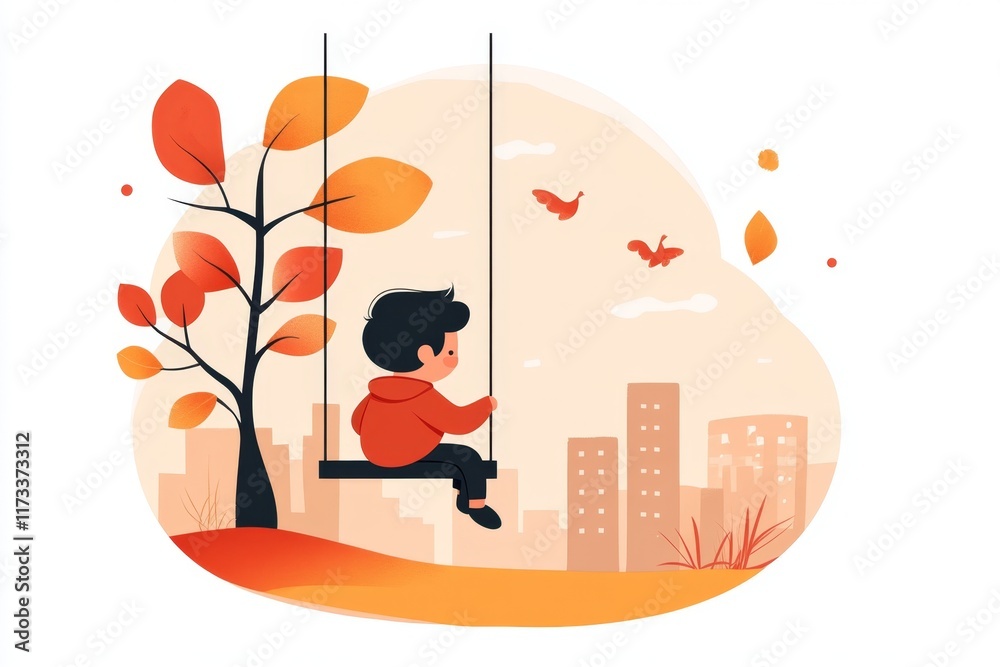Poster a simple flat 2d illustration of a kid on a swing, with soft pastel colors creating a cheerful vibe