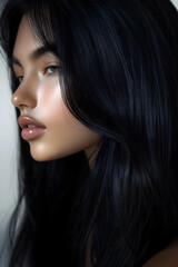 Fototapeta premium Stunning Woman with Dark Wavy Hair – Captivating Beauty in Soft Light
