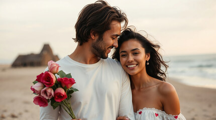 Young couple embracing on a beach at sunset, holding roses, enjoying a romantic moment together