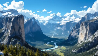 Majestic Mountain Valley Panorama: Breathtaking View of River, Peaks and Forest