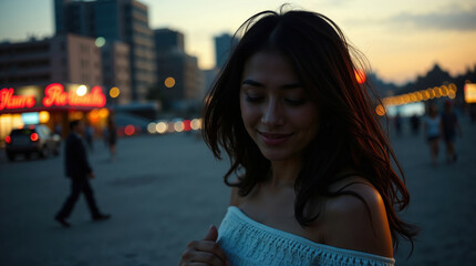 Portrait of a beautiful young woman smiling in a city street at dusk, enjoying the urban nightlife atmosphere