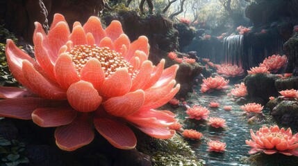 Cybernetic garden with growing digital flowers and plants