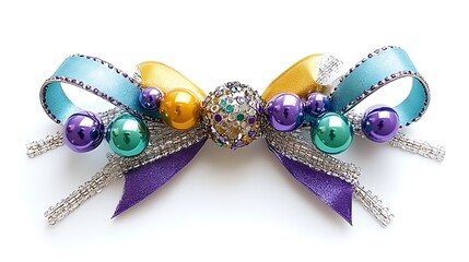 Fototapeta premium Festive Jewel Toned Bow Ornament with Beads Ribbons