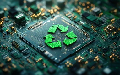 Green technology and innovation concept with circuit board design featuring green recycle sign, symbolizing ecofriendly computing, Green IT, CSR, and IT ethics