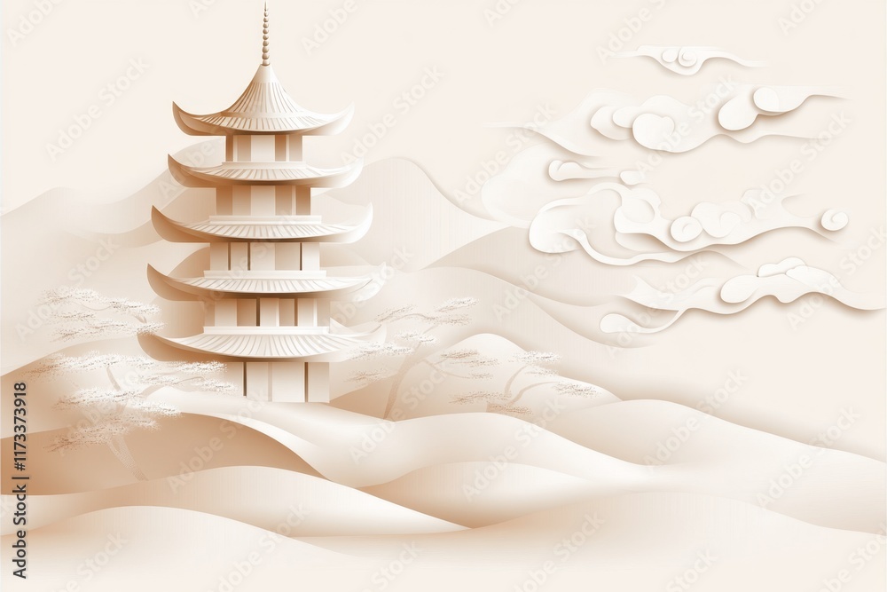 Aufkleber A simple representation of a Khmer pagoda roof, drawn with clean lines and a soft gradient background