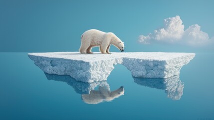 A lone polar bear stranded on a shrinking ice floe, surrounded by melting ice and deep blue water, conveying the impact of global warming on Arctic wildlife and habitats.