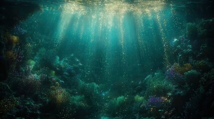 Fototapeta premium An underwater labyrinth glowing with radiant coral and shimmering kelp. Golden trails of bioluminescent light guide travelers through the maze, while glowing sea creatures move gracefully above. 