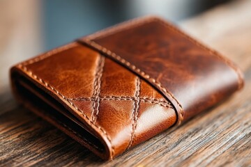 A sleek khaki lattice pattern embossed on a leather wallet, set against a wooden backdrop