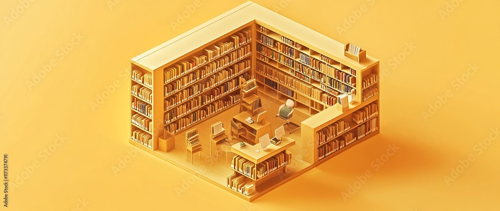 Aufkleber isometric view of a small library with bookshelves and a person sitting at a desk.