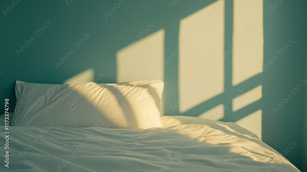 Leinwandbilder Sunlight is casting shadows of window on empty bed with white sheets and pillow in bedroom with turquoise wall, creating cozy and peaceful atmosphere