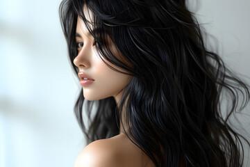 Elegant Woman with Long Wavy Black Hair – Natural Beauty and Grace in Soft Light