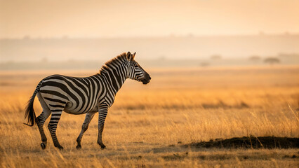 Naklejka premium Elegant Zebra Walking Through Golden Grassland at Sunset