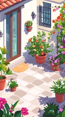 Fototapeta premium A vibrant patio adorned with various potted flowers, capturing the essence of Mediterranean style and natural beauty.