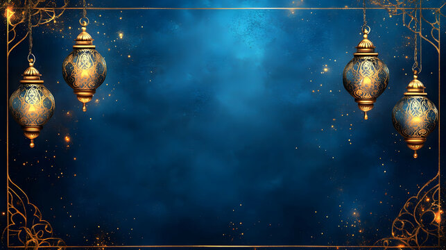 A serene blue background adorned with ornate lanterns, creating a mystical atmosphere suitable for celebrations or events.