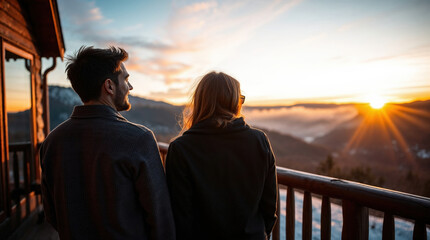 Couple admiring stunning sunset from wooden balcony of mountain cabin, enjoying peaceful moment together