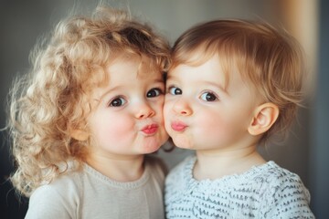 A soft kiss on the cheek shared between siblings, with a sense of playful affection and laughter
