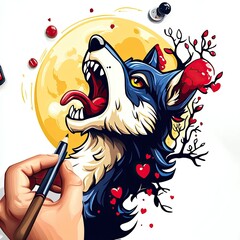 A vibrant illustration of a wolf's head with a full moon and artistic elements.