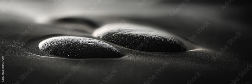 Poster close-up of two smooth, round stones nestled in dark sand, creating a serene, minimalist scene.