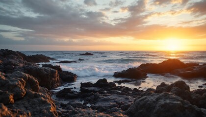 Fototapeta premium Golden Sunset Over the Rocky Coastline