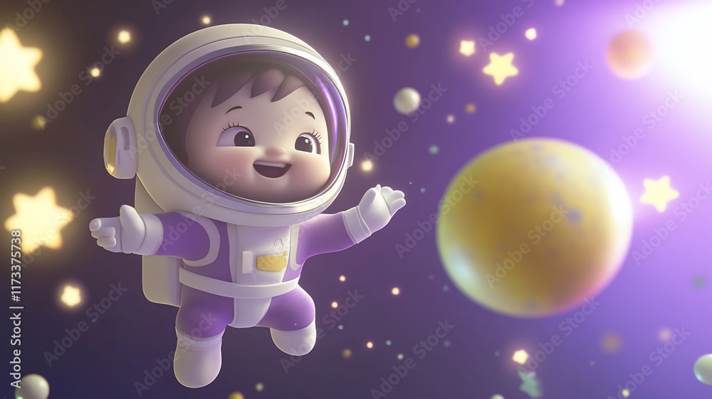 Poster joyful baby astronaut floating in space, surrounded by stars and planets.