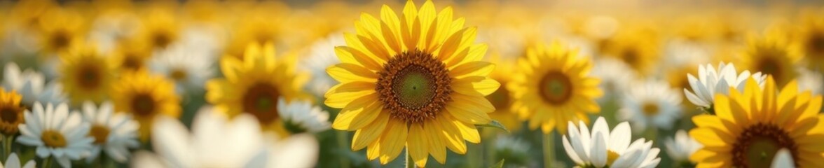 Fototapeta premium Golden sunflower face down in a field of white petals , nature, fields, petals