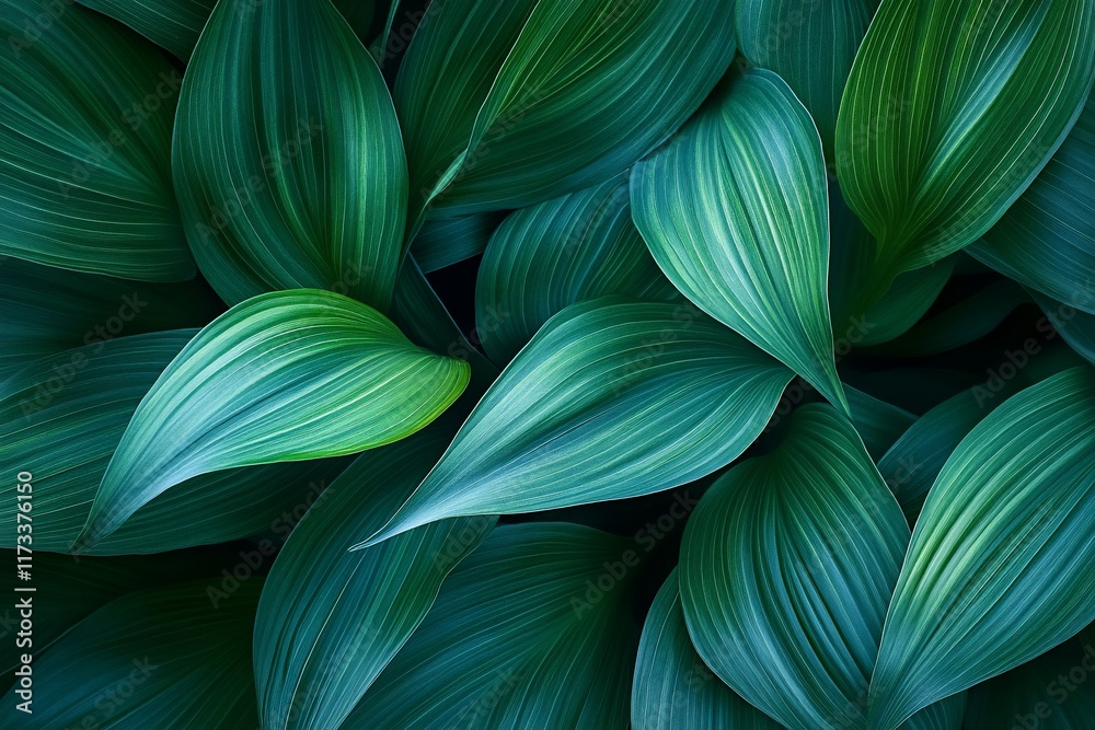 Poster lush green foliage with vibrant leaf textures and patterns, creating a natural background.