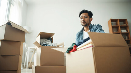 Young man packing clothes into a cardboard box, preparing for a move to a new home and organizing belongings for relocation