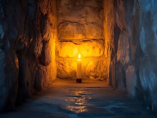 candle illuminates a damp, stone chamber with warm light