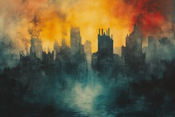Obraz premium Desolate urban landscape engulfed in smoke and flames at dusk