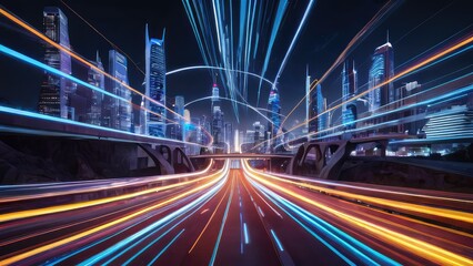 Fototapeta premium A futuristic cityscape with light trails, light painting technique that forms surreal, a sense of energy and movement. cityscape