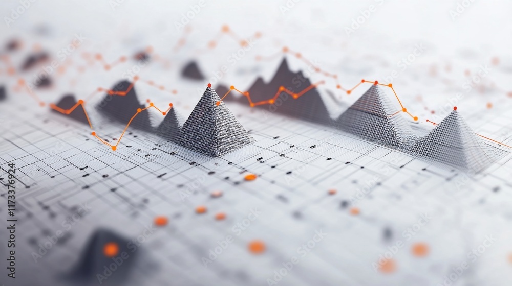 Poster 3D pyramids and line graphs on a data sheet.