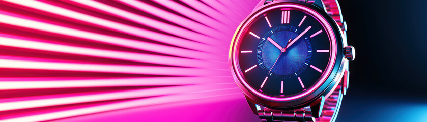 Fototapeta premium stylish watch illuminated by vibrant neon lights, showcasing modern design