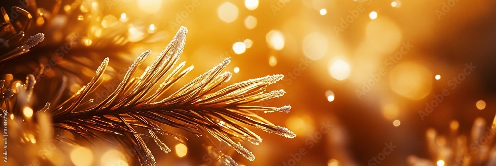Poster close-up of a frost-covered pine branch against a warm, bokeh background.