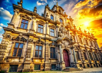 Obraz premium Majestic Old European Architecture Building Exterior, Copy Space Right, Historical Landmark
