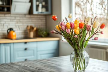 A bouquet of tulips in a vase on the kitchen table. Easter or Women's day.