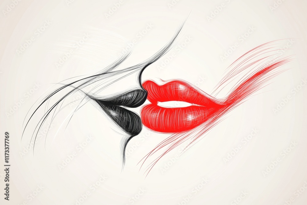 Poster a stylized depiction of lips meeting in a gentle kiss, drawn in clean lines with a simple color pale