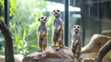 Fototapeta premium Three meerkats standing on a rock in a natural habitat setting.