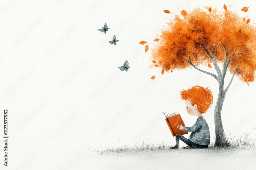 Poster a stylized scene of a child reading a book under a tree, drawn in simple, bold shapes and soft earth