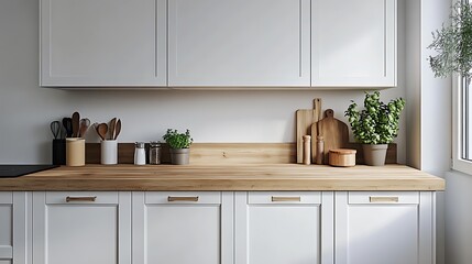 Fototapeta premium Scandinavian kitchen featuring white cabinets, wooden countertops, and minimalist accessories