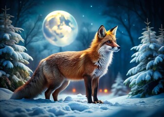 Fototapeta premium Majestic Red Fox in Snowy Night Landscape - Winter Wildlife Photography